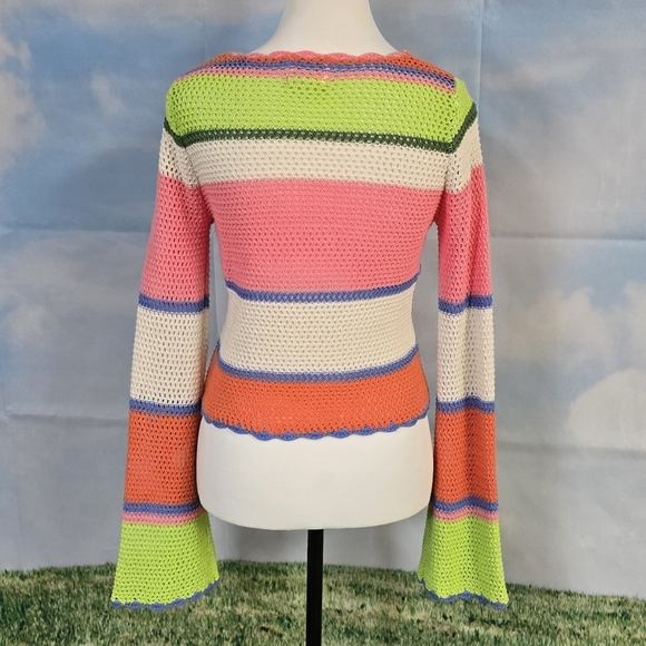 Hippie Rose | cropped open knit crocheted bell sleeve colorful boho sweater - Picture 5 of 16